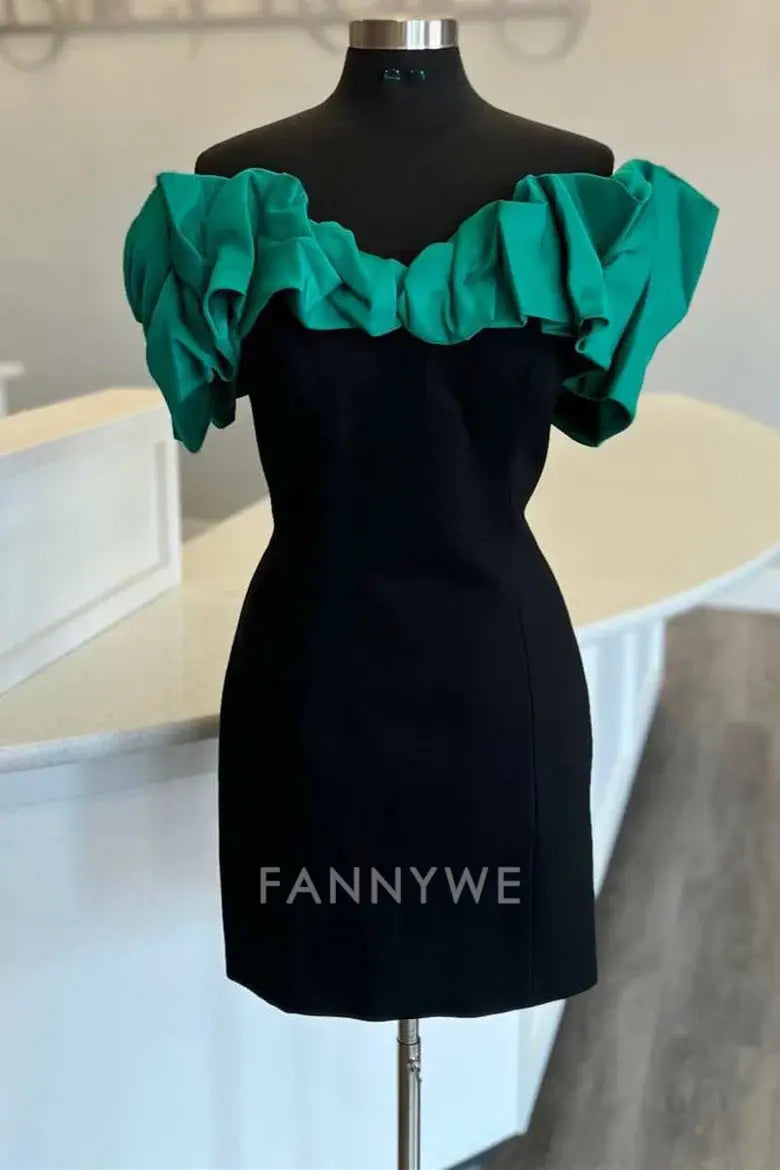 FannyWe Simple Off-the-Shoulder Emerald and Black Ruffled Homecoming Dress formal wear dresses